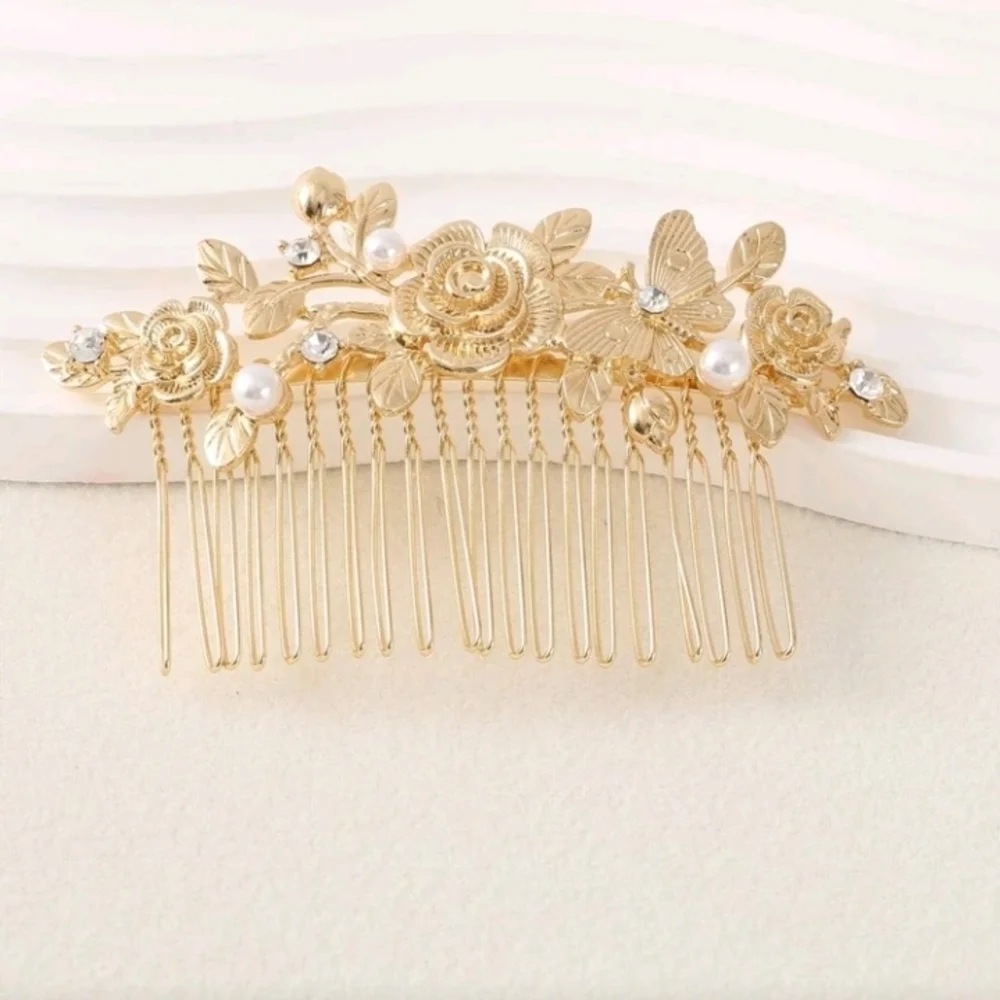 Wedding Bridal Gold Floral Butterfly Faux Pearl Hair Comb New